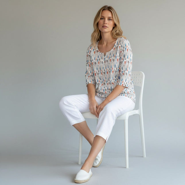 Seasalt White Summer Picture 3/4 Sleeve Notch Neck Relaxed Fit Lightweight Cotton Top-Quality Brands Outlet-