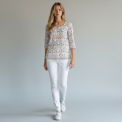 Seasalt White Summer Picture 3/4 Sleeve Notch Neck Relaxed Fit Lightweight Cotton Top-Quality Brands Outlet-