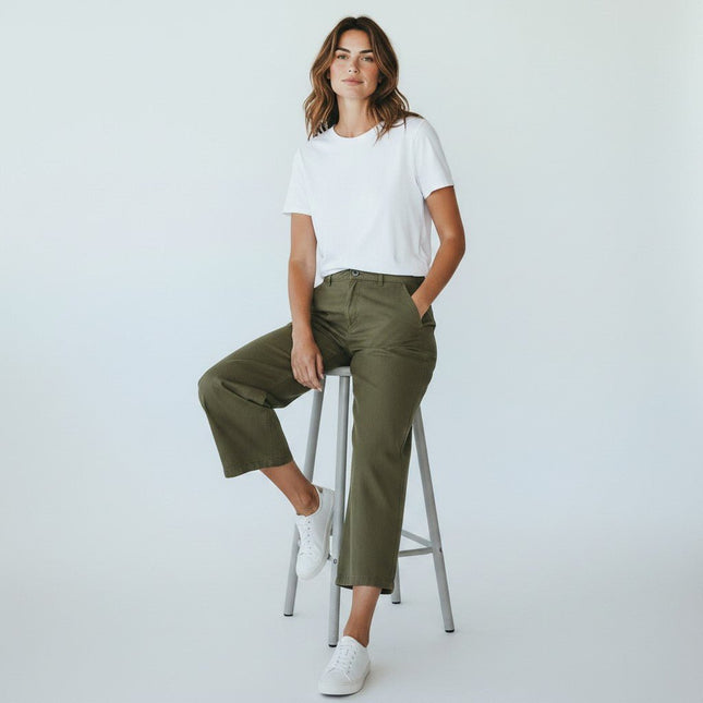 White Stuff Wide Leg Relaxed Soft Casual Khaki Trousers-Quality Brands Outlet-
