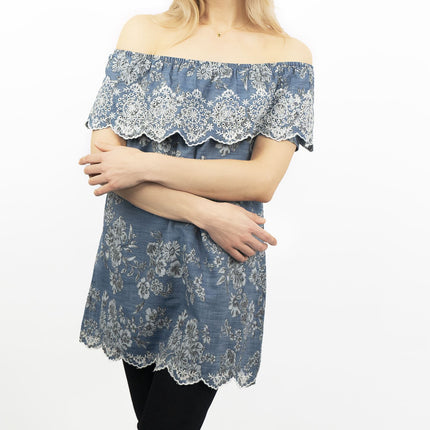 Blue Embroidered Off Shoulder Tunic Longline Women's Tops-Quality Brands Outlet-