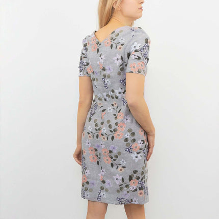 M&S Linen Blend Grey Floral Short Sleeve Casual Shift Dress-Quality Brands Outlet-