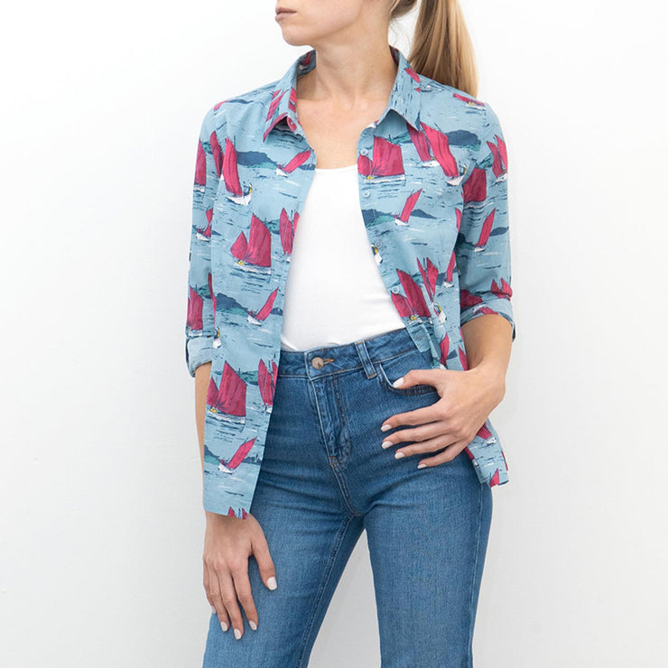 Seasalt Larissa Blue Sailing Print Long Sleeve Shirts Button-Up Tops - Quality Brands Outlet