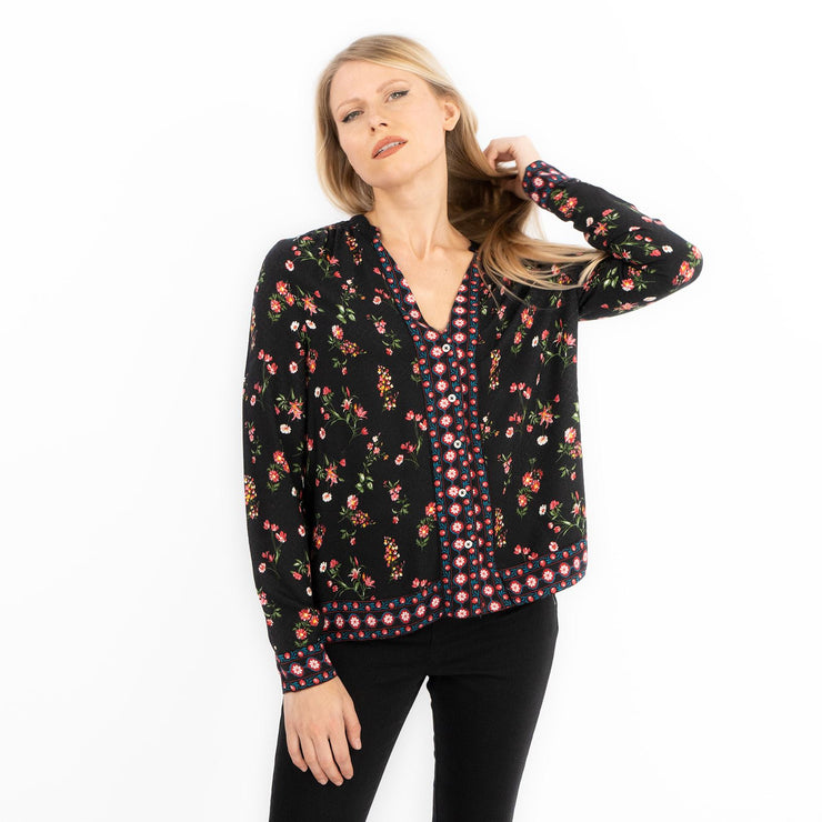 Black Floral Long Sleeve Relaxed Fit Shirts Button-Up Women&