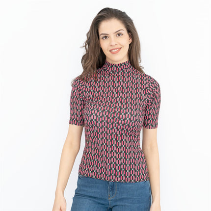 Oasis Black Geometric Print High Neck Short Sleeve Tops - Quality Brands Outlet