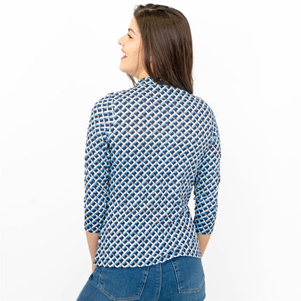 Karen Millen Blue Geometric Print KM Logo Short Sleeve Tops-Quality Brands Outlet-
