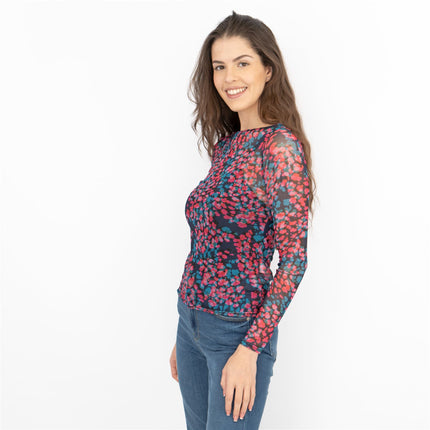 Coast Floral Long Sleeve Boat Neck Mesh Tops-Quality Brands Outlet-