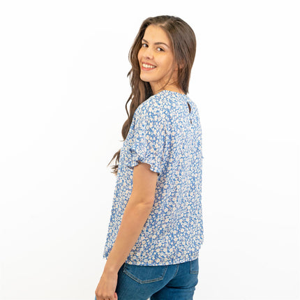 M&S Blue Floral Print Lightweight Blouse Frill Short Sleeve Round Neckline Tops