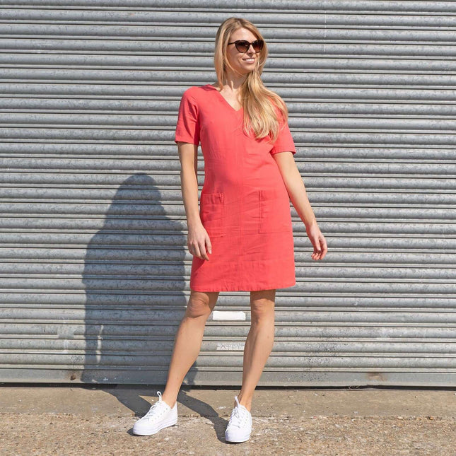 M&S Linen Blend Coral Red Short Sleeve Shift Dress-Quality Brands Outlet-