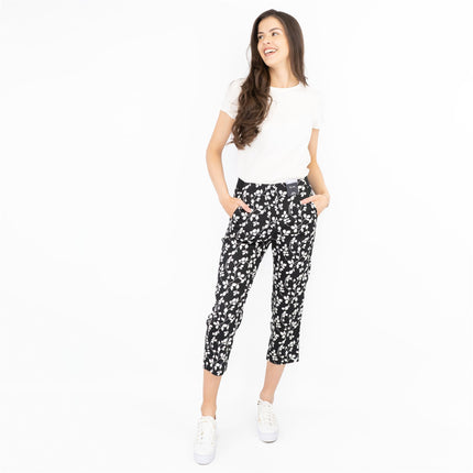 M&S Mia Black Flower Print Slim Leg Tapered Crop Chino Trousers - Quality Brands Outlet