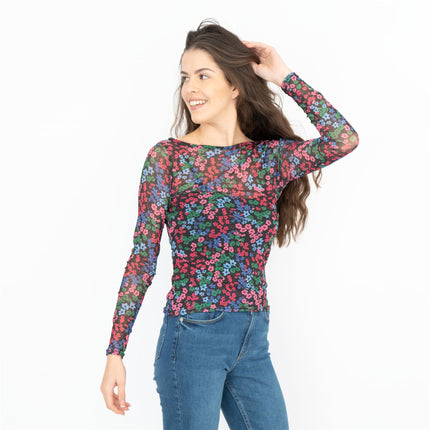 Karen Millen Black Floral Long Sleeve Boat Neck Mesh Tops-Quality Brands Outlet-