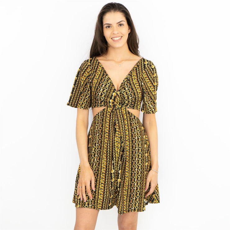 Karen Millen Side Cut Out Gold Chain Print Dress - Stylish Mini Quality Brands Outlet Karen Millen Side Cut Out Gold Chain Print Dress - Stylish Mini Quality Brands Outlet