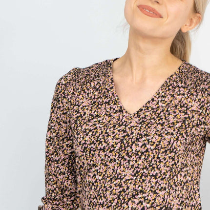 3/4 Sleeve Black Ditsy Floral Print V-Neck Soft Jersey Tops-Quality Brands Outlet-
