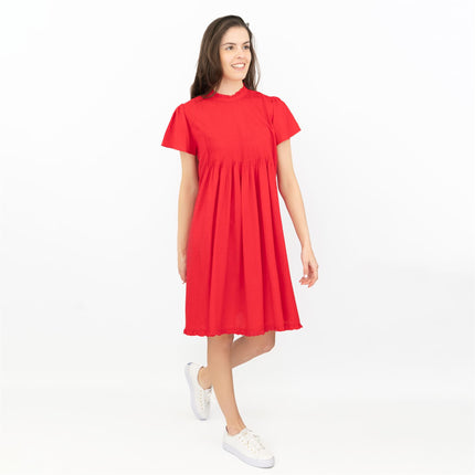 Next Textured Red Shirred Details Lightweight Relaxed Fit Knee Length Dress - Quality Brands Outlet
