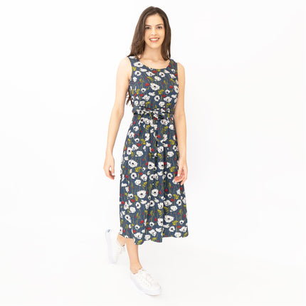Seasalt Belle Linear Poppy Night Floral Print Sleeveless Midi Dresses-Quality Brands Outlet-