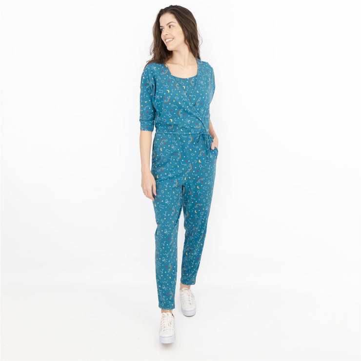 Frugi Bloom Teal Astro Print for Maternity and Nursing Short Sleeve Cross Wrap Soft Jersey Jumpsuits - Quality Brands Outlet