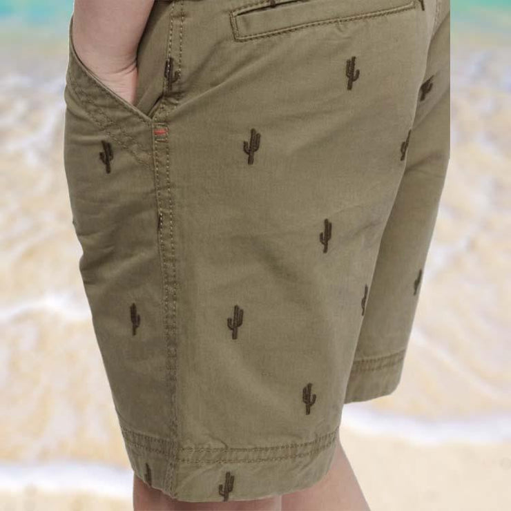 Boys Khaki Green Cactus Print Everyday Shorts with Pockets - Quality Brands Outlet