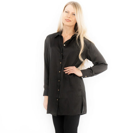Coast Black Drap Satin Longline Long Sleeve Tunic Shirt-Quality Brands Outlet-