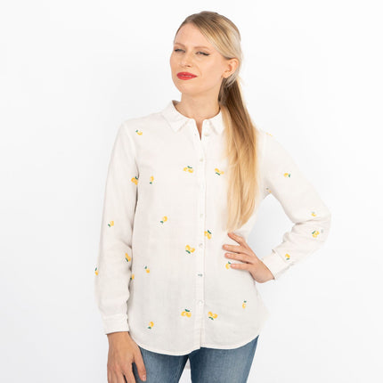 White Lemon Embroidery Linen Rich Long Sleeve Women's Shirts-Quality Brands Outlet-