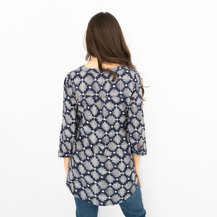 White Stuff Navy Geo Print 3/4 Sleeve Lightweight Relaxed Tunics-Quality Brands Outlet-