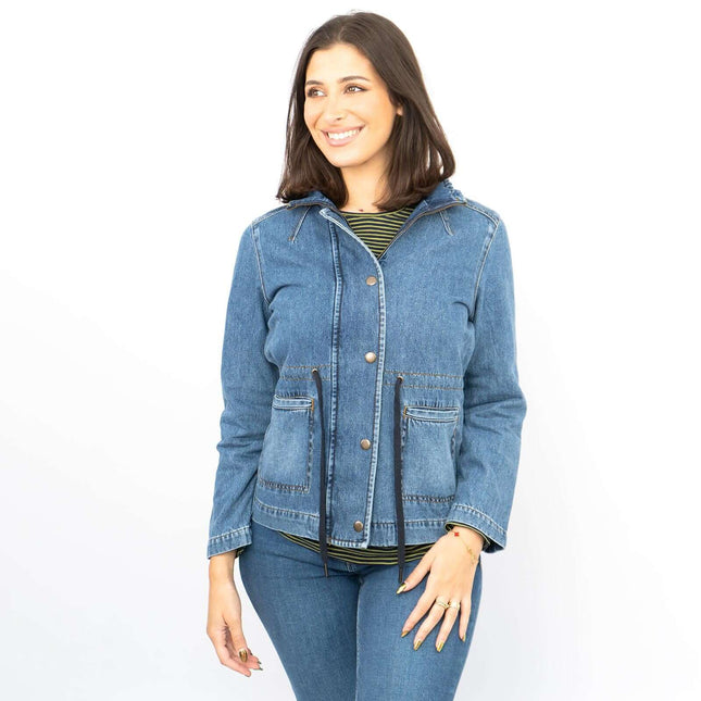 White Stuff Layla Blue Denim Jacket Long Sleeve Adjustable Waist with Pockets-Quality Brands Outlet-