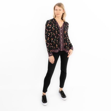 Black Floral Long Sleeve Relaxed Fit Shirts Button-Up Women's Tops-Quality Brands Outlet-