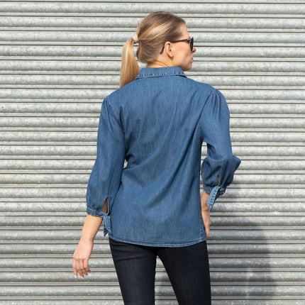 F&F 3/4 Puff Sleeves Blue Denim Button Up Shirts-Quality Brands Outlet-