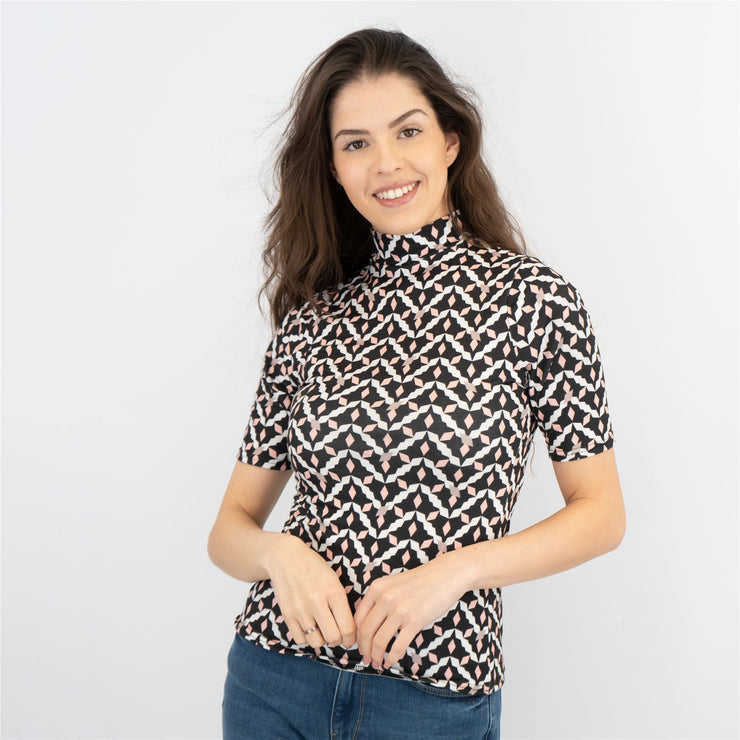 Karen Millen Black Geometric Print High Neck Short Sleeve Tops - Quality Brands Outlet