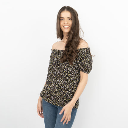 Womens Off Shoulder Black Ditsy Floral Casual Summer Jersey Tops-Quality Brands Outlet-