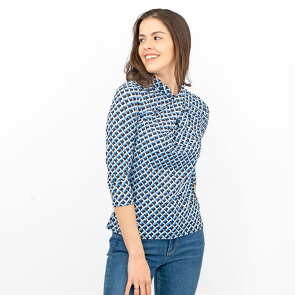Karen Millen Blue Geometric Print KM Logo Short Sleeve Tops-Quality Brands Outlet-