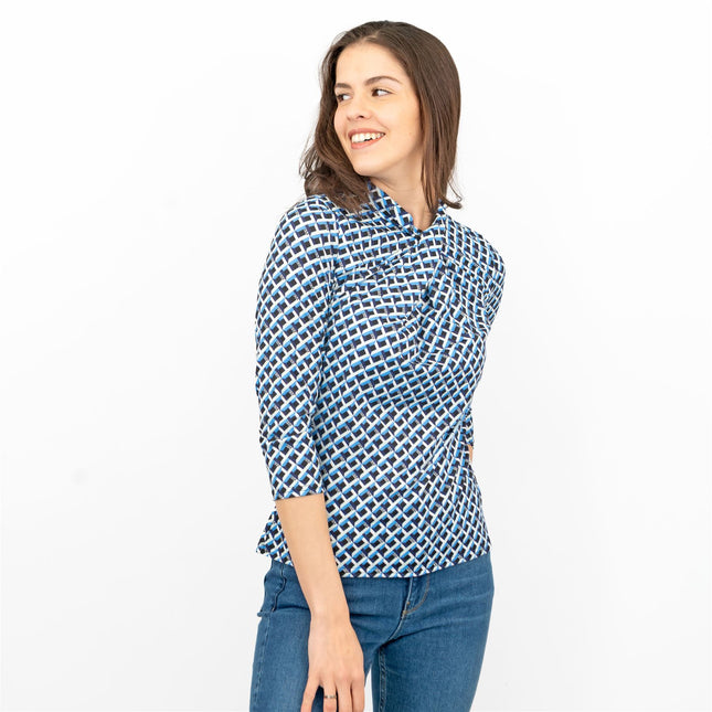 Karen Millen Blue Geometric Print KM Logo Short Sleeve Tops - Quality Brands Outlet