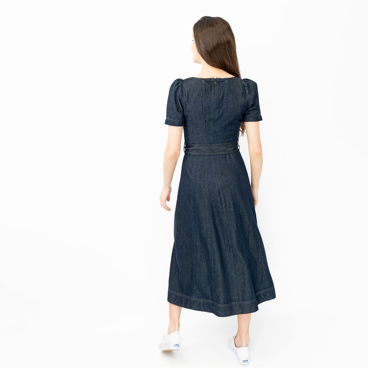 Boden Indigo Denim Short Sleeve Square Neck Belted Flare Midi Dresses