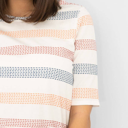 White Stuff Short Sleeve Boat Neck Embroidered Stripes White Soft Cotton Jersey Tops-Quality Brands Outlet-