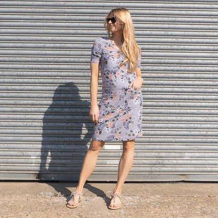 M&S Linen Blend Grey Floral Short Sleeve Casual Shift Dress-Quality Brands Outlet-