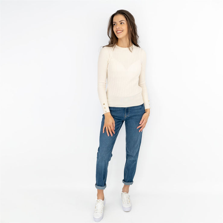 M&S Ivory Soft Touch Ribbed Crew Neck Fitted Jumper - Quality Brands Outlet