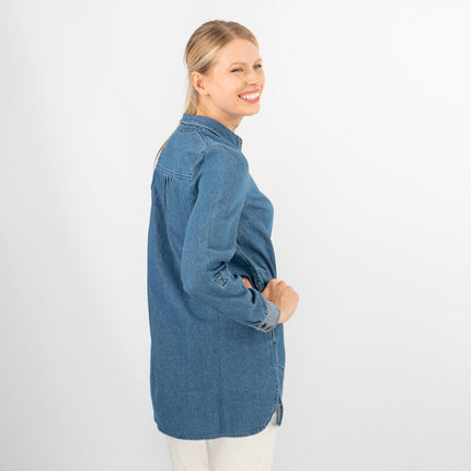 Blue Denim Long Sleeve Casual Tunic Longline Women's Shirts-Quality Brands Outlet-