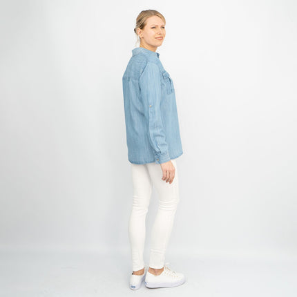 Blue Chambray Soft Linen Rich Long Sleeve Shirt Button-Up Tops-Quality Brands Outlet-