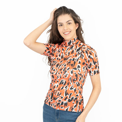 Karen Millen Orange Print Short Sleeve High Neck Tops - Quality Brands Outlet