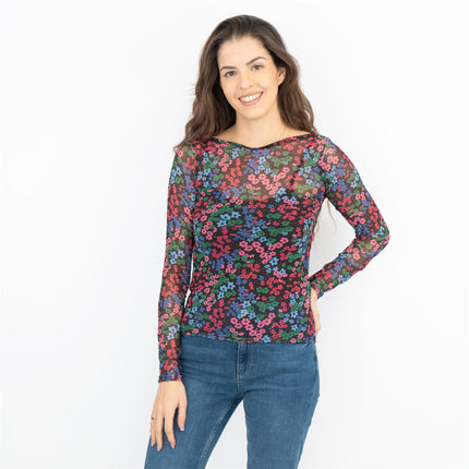 Karen Millen Black Floral Long Sleeve Boat Neck Mesh Tops-Quality Brands Outlet-