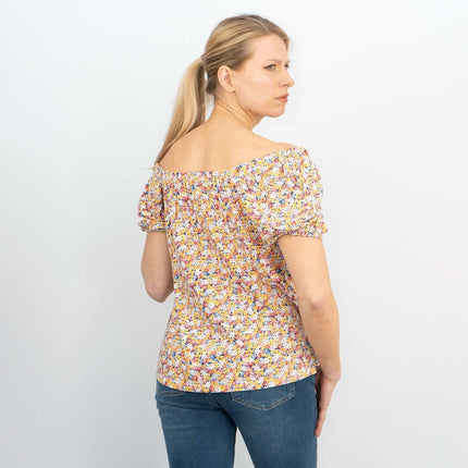 Leia Gathered Off Shoulder Short Sleeve Ditsy Floral Relaxed Tops-Quality Brands Outlet-