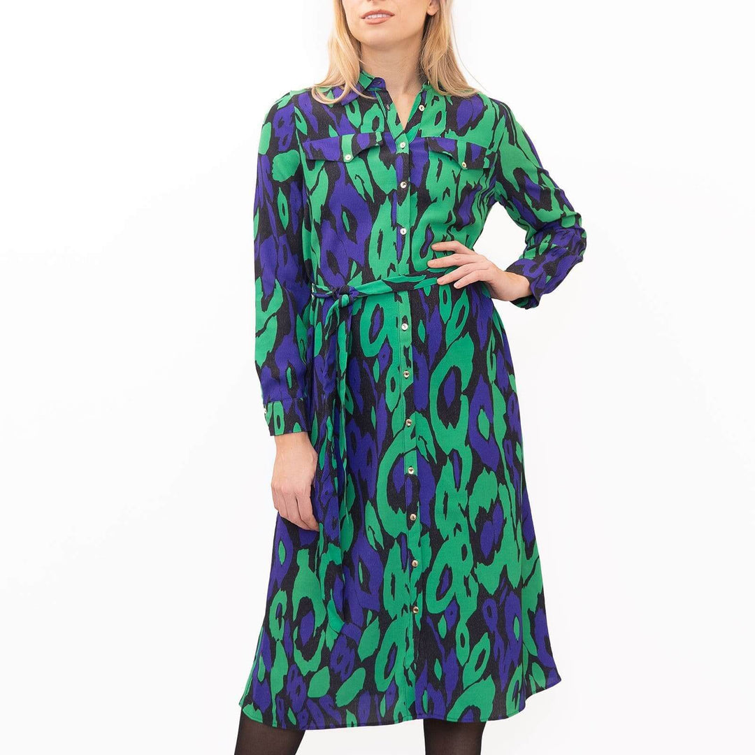 Karen Millen Womens Green Leopard Print Long Sleeve Lightweight Going Out Midi Shirt Dress Quality Brands Outlet