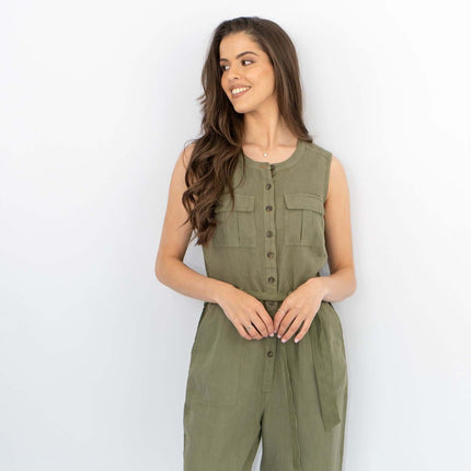 White Stuff Sleeveless Khaki Linen Wide Leg Summer Jumpsuit-Quality Brands Outlet-