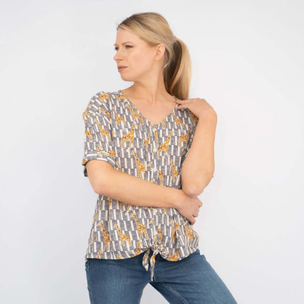 Giraffe Print Short Sleeve Relaxed Fit Tie-Knot Women's Summer Tops-Quality Brands Outlet-