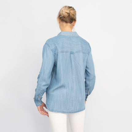 Blue Chambray Soft Linen Rich Long Sleeve Shirt Button-Up Tops-Quality Brands Outlet-