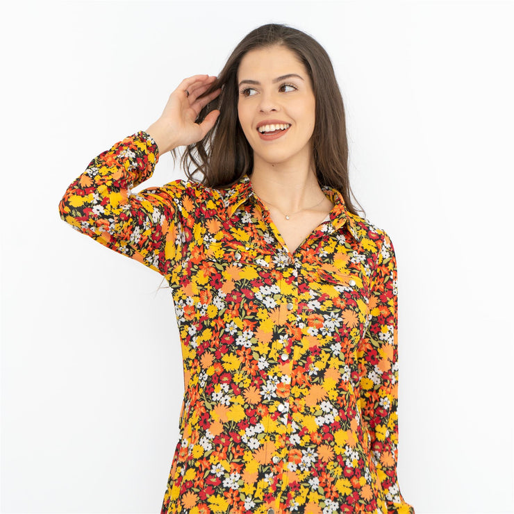 Oasis Orange Floral Long Sleeve Button-Up Midi Shirt Dresses