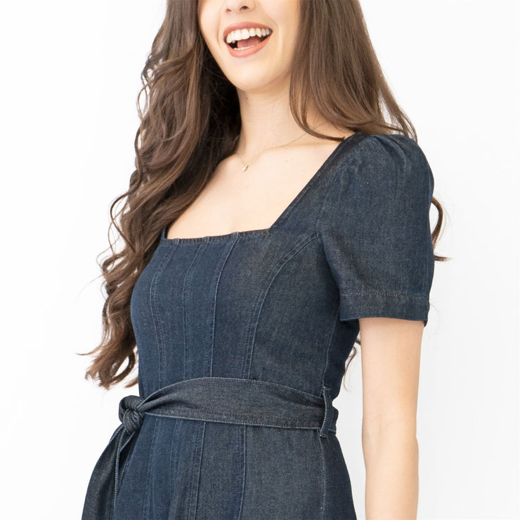 Boden Indigo Denim Short Sleeve Square Neck Belted Flare Midi Dresses