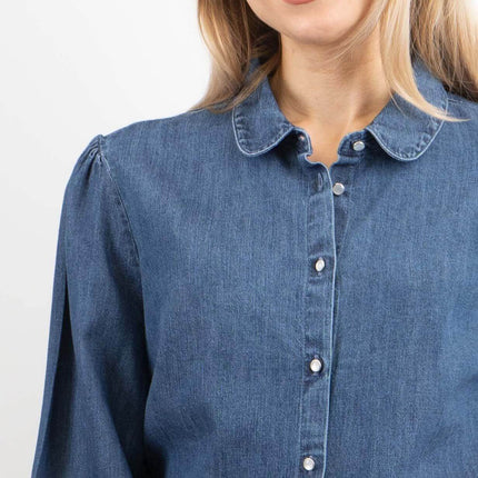 F&F 3/4 Puff Sleeves Blue Denim Button Up Shirts-Quality Brands Outlet-