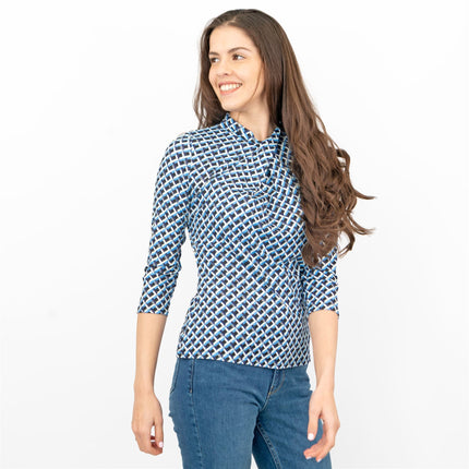 Karen Millen Blue Geometric Print KM Logo Short Sleeve Tops-Quality Brands Outlet-