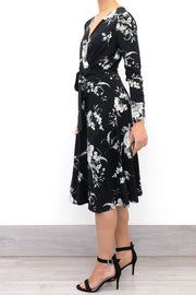 Wallis Elegant Black Floral Wrap Over Midi Dress, Size 10