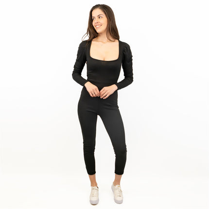 Misspap Ribbed Puff Shoulder Long Sleeve Square Neck Skinny Leg Stretch Bodycon Fit Jumpsuits-Quality Brands Outlet-
