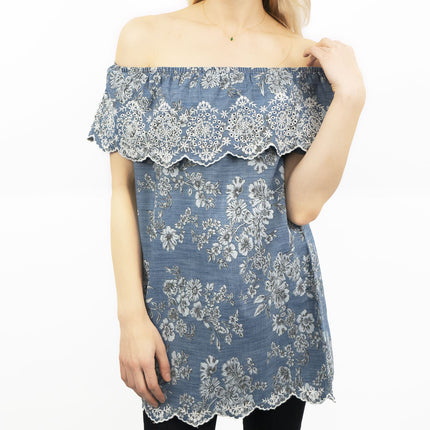 Blue Embroidered Off Shoulder Tunic Longline Women's Tops-Quality Brands Outlet-